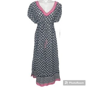 Naudic Boho Maxi Dress M Black White Print Pink Embroidered Trim Fringe Tassels
